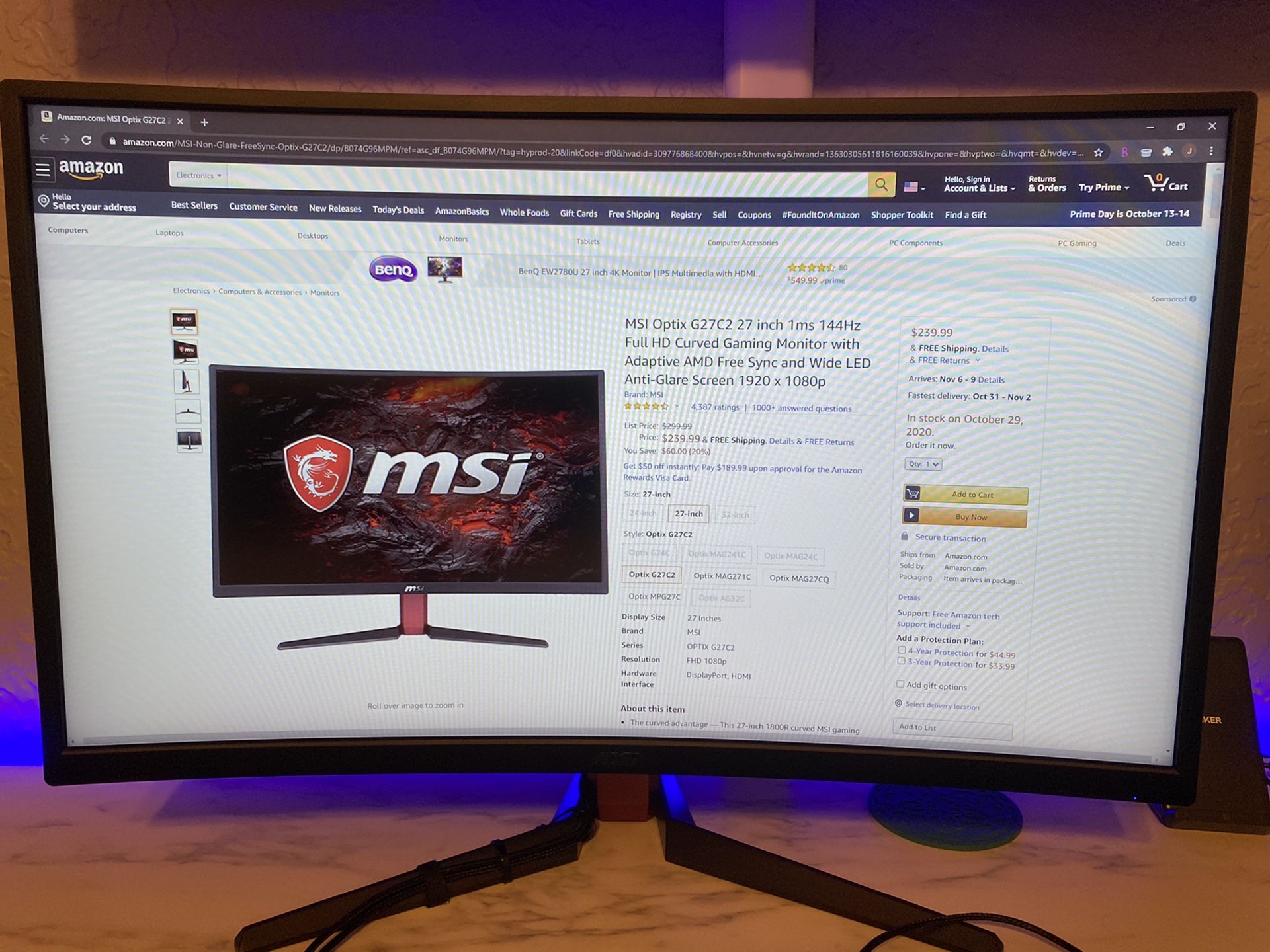 MSI 27 inch curved 144hz gaming monitor G27C2