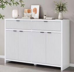 55" W Sideboard Buffet Cabinet with Storage, White Fluted Cabinet with 2 Drawers & 4 Doors, Wood Kitchen Cabinet with Adjustable Shelves for Living Ro