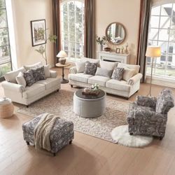 5-Pieces Chesterfield Couch Set Chenille Flora Sofa Loveseat and Armchair Living Room Set with Ottoman Coffee Table