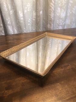 Extra Large Mid Century Mirrored Vanity Tray, Perfume Tray, Gold Metal Frame 