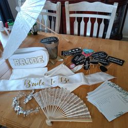 Bridal shower accessories paper parasol, lace fan, flower hair vine, shower quiz game, photo booth props, Bride sash, makeup bag & clutch purse

$20 f