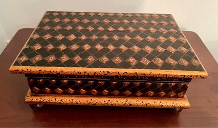 Vintage Black & Gold Hand Painted Wooden Ball Footed Collectible Box