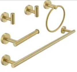 BWE 5-Piece Bath Hardware with Towel Bar Towel Hook Toilet Paper Holder and Towel Ring Set in Brushed Gold