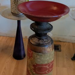26" tall birdfeeder birdbath for  yard garden with  ceramic glass bowl on top using upcycled materials