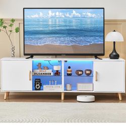 TV Stand for 70 Inch TV, Modern TV Stand with LED Light & Outlet, Entertainment Center with Glass Shelves, 15.8" D x 63" W x 20.9" H, White 1