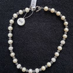 New Aya 925 Sterling Silver Pearl Necklace With Swarovski Crystals 