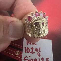 14K Solid Gold Indian Head Ring CUBIC ZIRCONIUM STONES 10.2Gr Size 12.5