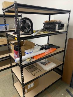 Shelving.   Storage.   Mental frame wood shelves.  5 tier