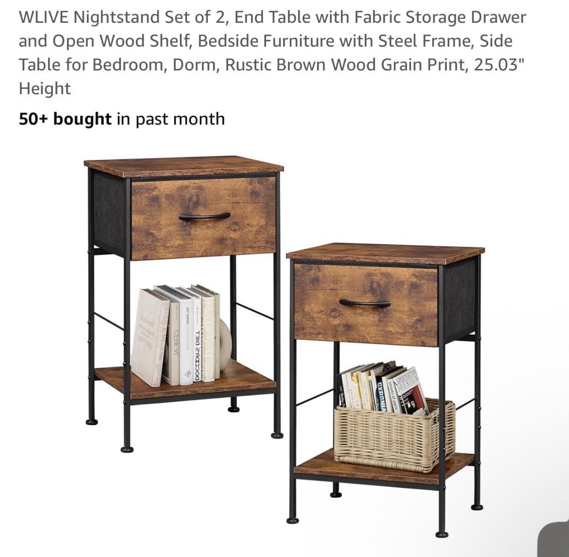 WLIVE Nightstand Set of 2, End Table with Fabric Storage Drawer and Open Wood Shelf, Bedside Furniture with Steel Frame, Side Table for Bedroom, Dorm,