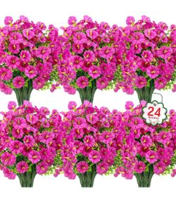 New 24 Pcs Artificial Morning Glory Flowers for Outdoors, Fuchsia Realistic petunias flowers, fake silk flowers, UV resistant, for porch garden yard i