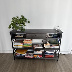 Industrial Console Table with Built-in Power Outlets – Gray/Black