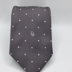 Christian Dior Vintage Gray White Polka Dot Silk Tie