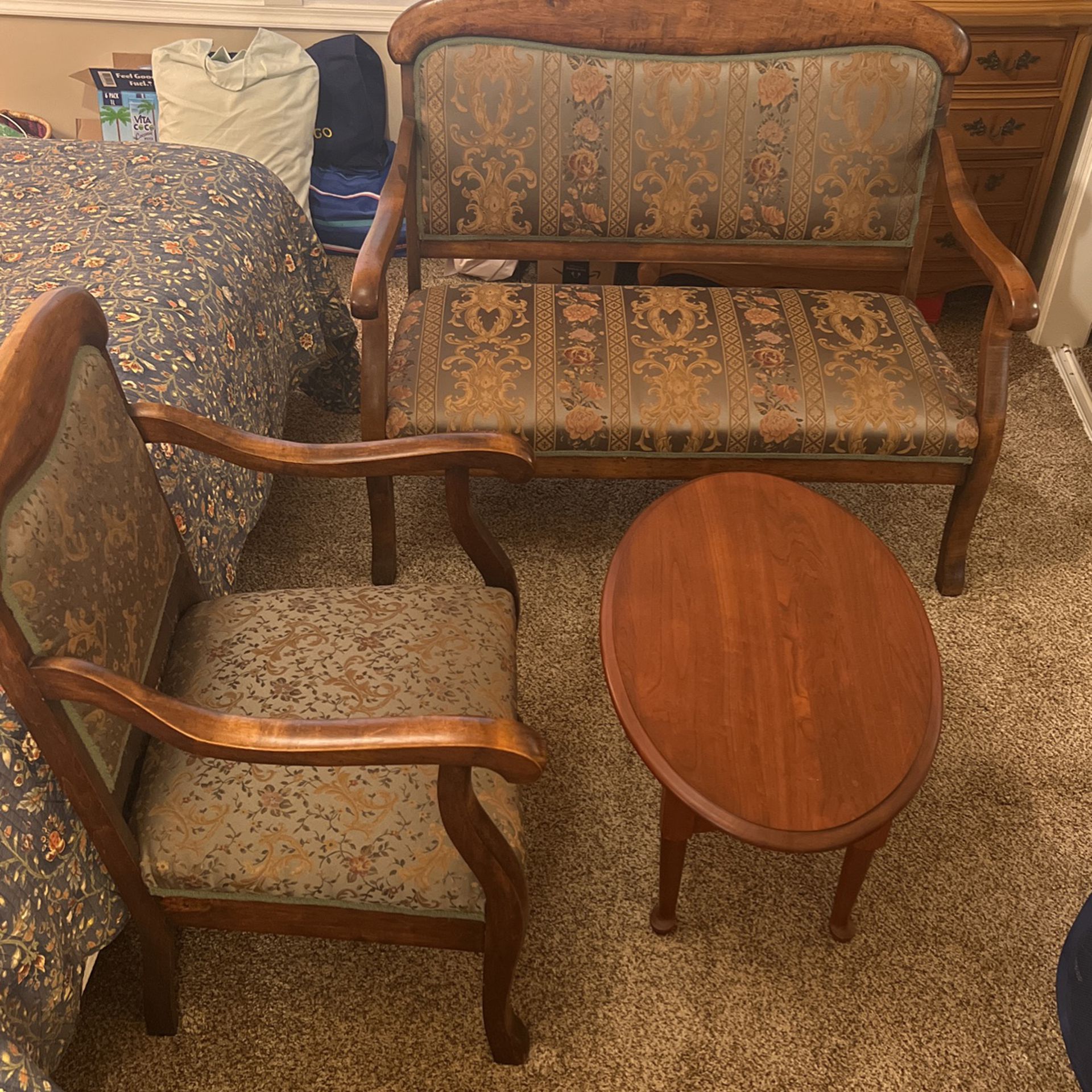 Antique Love Seat, Chair and Table Set