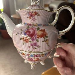 Tea Pot Tea-For-One Pot Cup & Lid Pink with Flowers