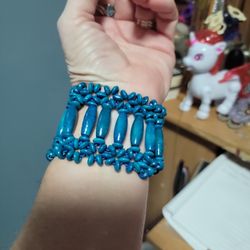 Blue Beaded Wide Bracelet 