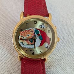 "Cat Sleeping in a Santa Hat" Valdawn Red Leather Watch -  Pickup in 91706