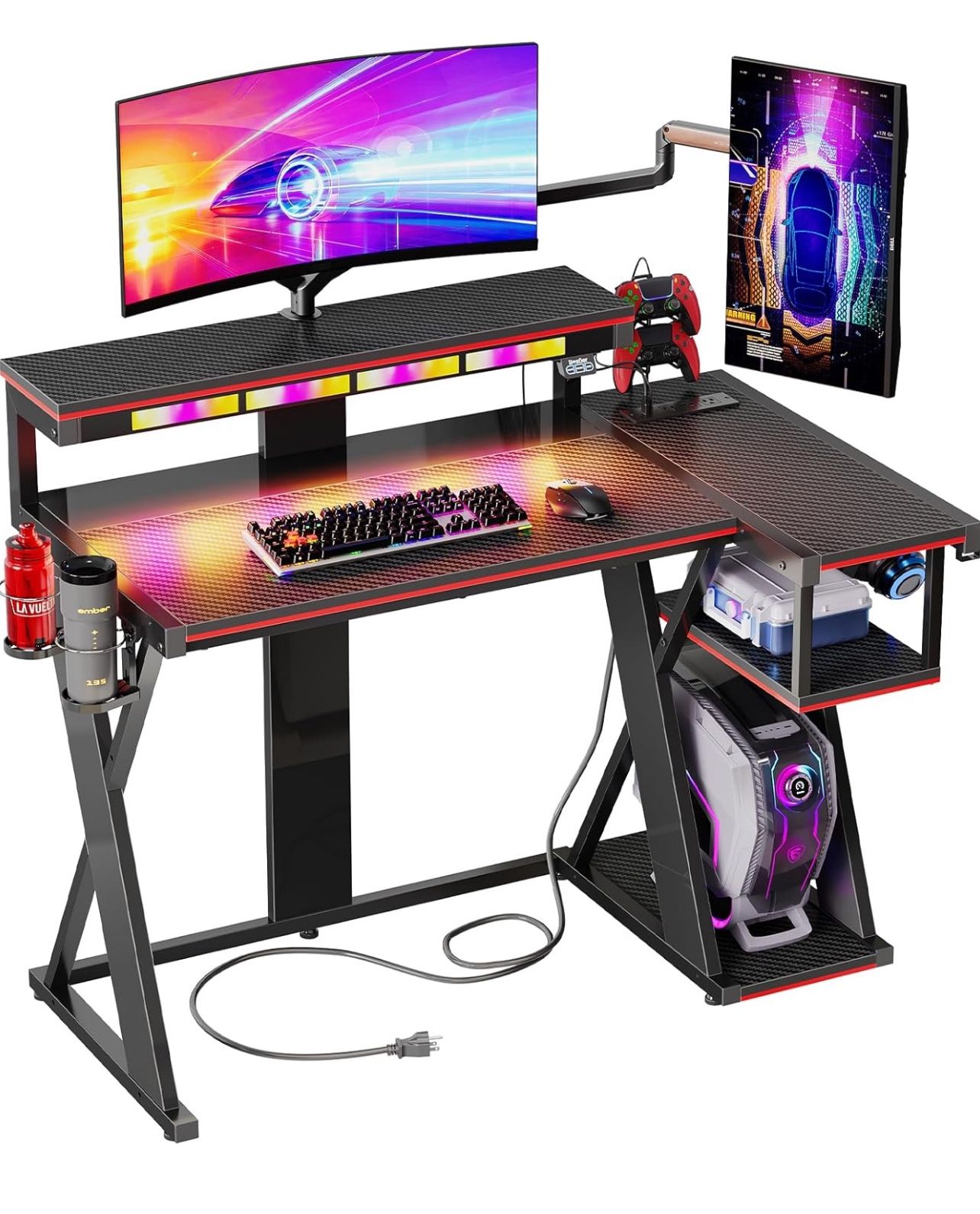 Gaming Desk with Music Sync Light, Flow Vibe L-Shaped Gaming Desk with Monitor Stand and PS5 Storage Shelves, Cup Holders, and Headset Hooks (Black Pu