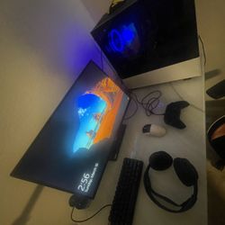 gaming setup pc , keyboard mouse controller headphones and monitor 