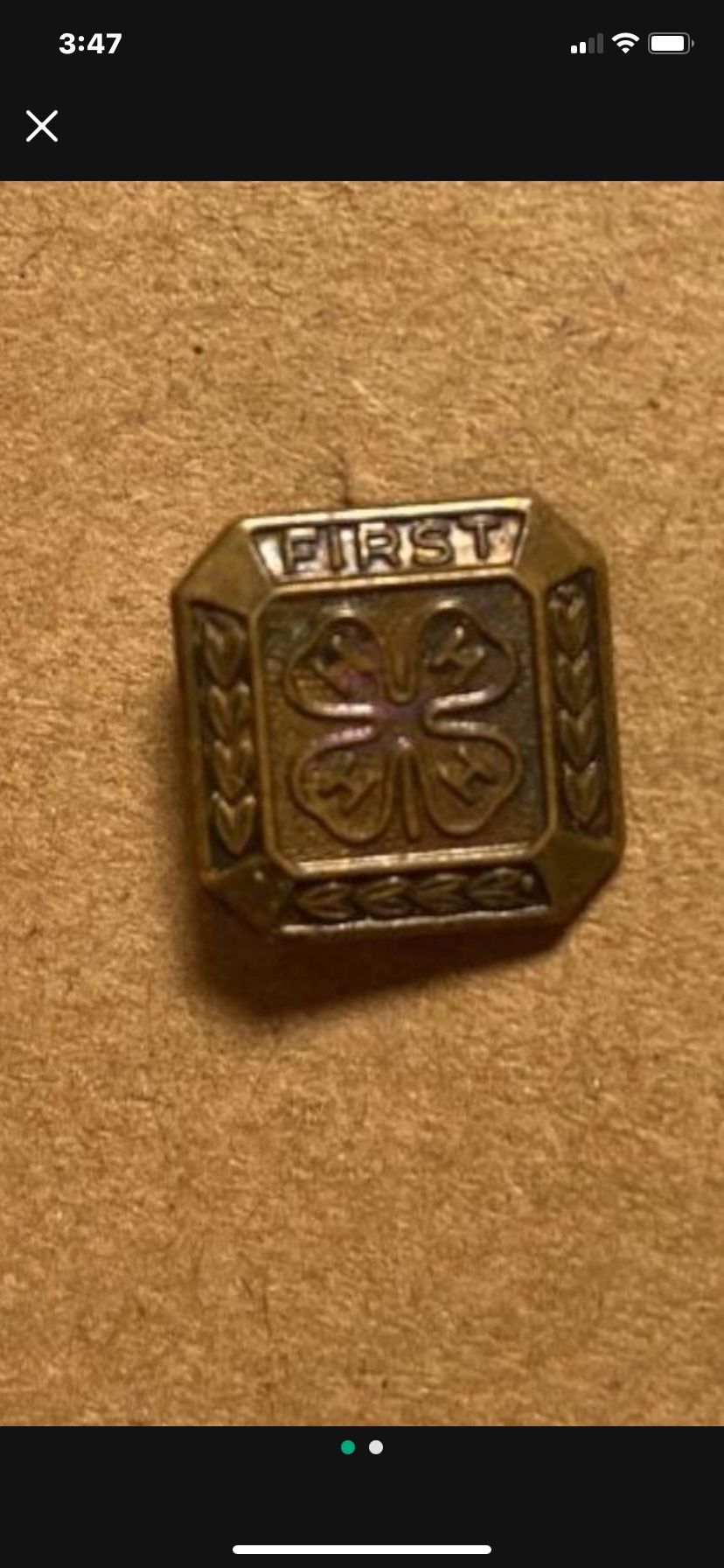 Vintage Bronze Square Small 4-H Club Pin Metal FIRST Mini Tiny Clover 4 H