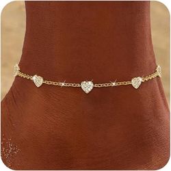 Gold Chain Anklet with Crystal Hearts