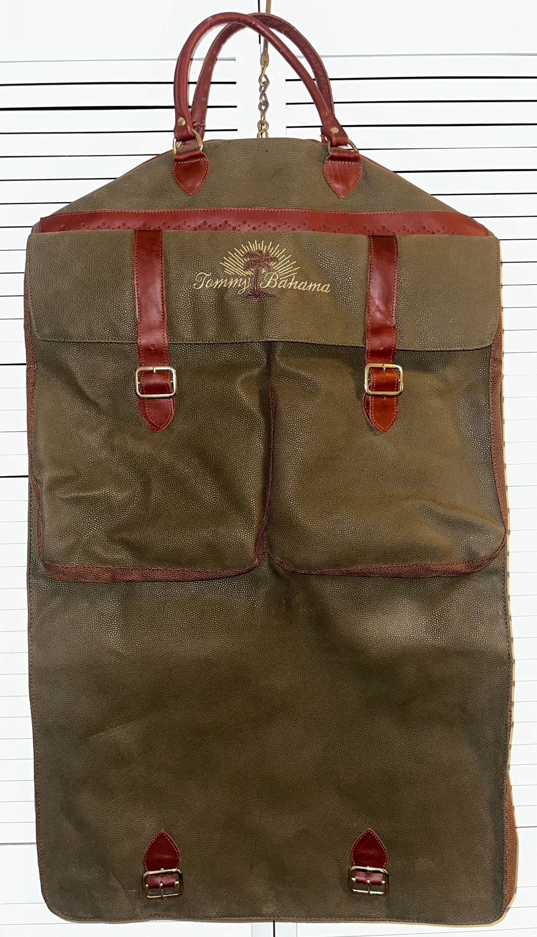 TOMMY BAHAMA HANGING GARMENT BAG LUGGAGE GREEN LEATHER  