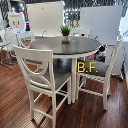 🛑 Round Dining Set 5 Pcs, White Color, Upholstered Cushion, New in the Box.