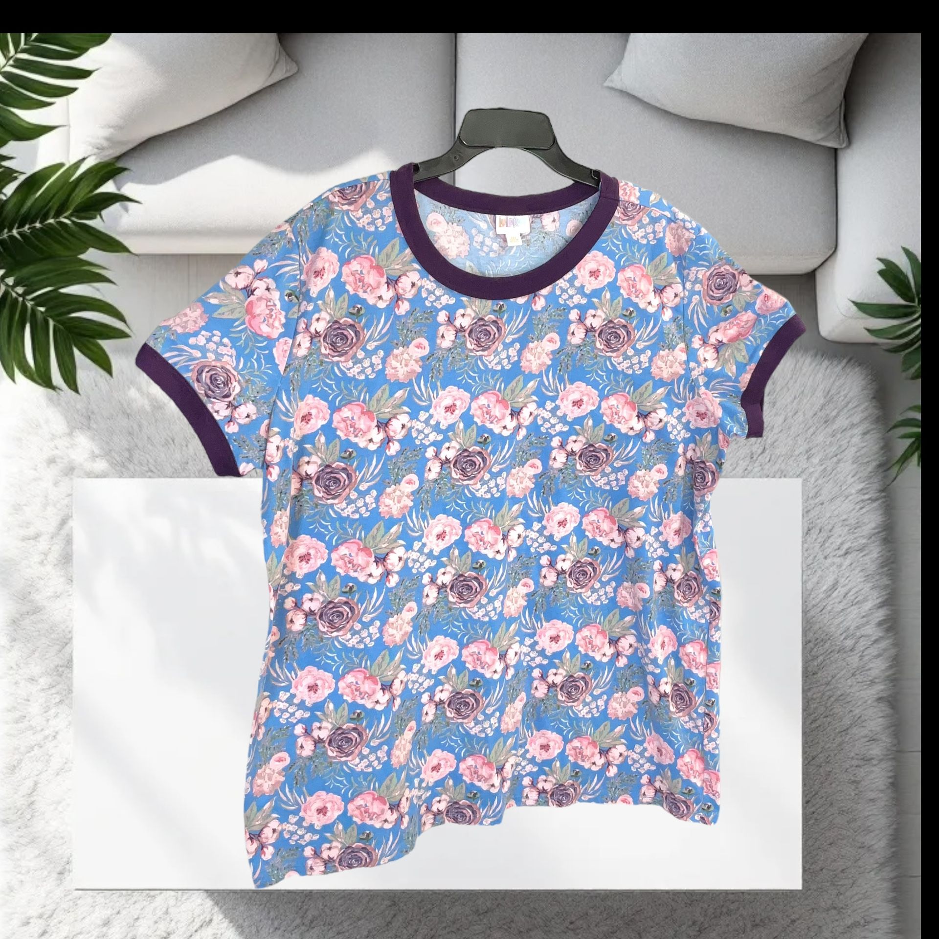 LulaRoe Blue w Multicolor Flowers & Plum Ribbing Shirt Women 3XL