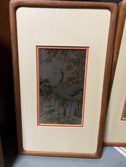 The Crane of the Quiet Bamboo, Franklin Mint, Pure Silver Gold Copper Etching Framed in Teak and Signed Chinese Art by Zhang Shou-Cheng