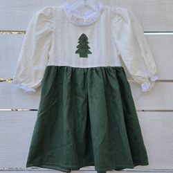 Boutique Christmas Tree Cottagecore Girls 18-24M Smocked Embroidered Lace Dress