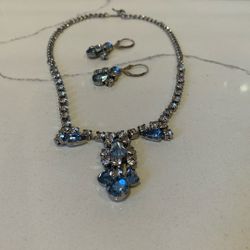 Vintage Rhinestone Necklace And Pierced Earrings Set