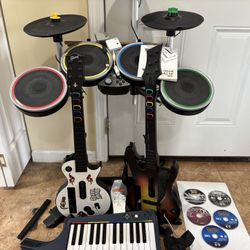 Rock Band Wii Drum/Cymbal Set, 2 Guitars, Keyboard, Games Tested - Working*