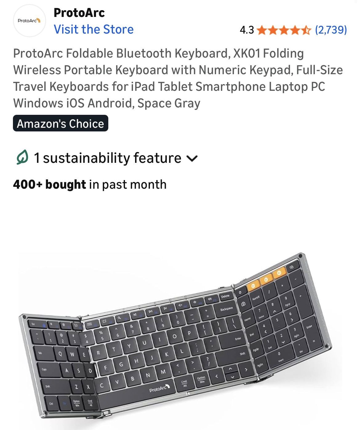 ProtoArc Foldable Bluetooth Keyboard, XK01 Folding Wireless Portable Keyboard with Numeric Keypad, Full-Size