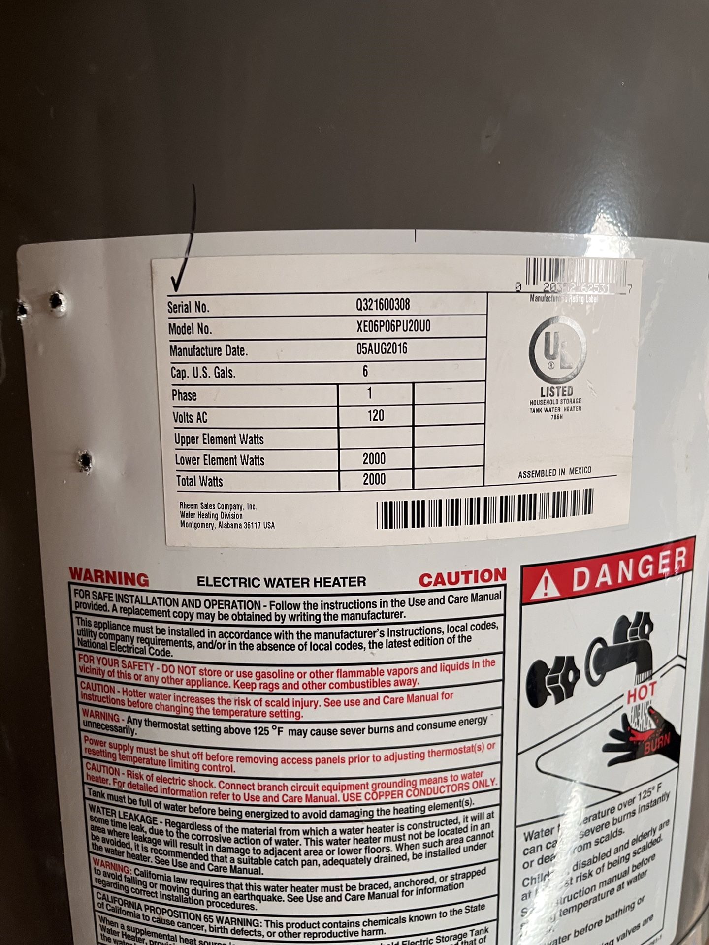 Rheem 6 Gallon Electric Water Heater