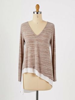 White House Black Market Brown and Cream Layered V-Neck Med