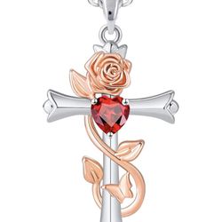 Lourny Silver Cross Pendant Necklace for Women, Dainty Faith Rose Flower Heart Necklace Butterfly Necklace Jewelry Gifts