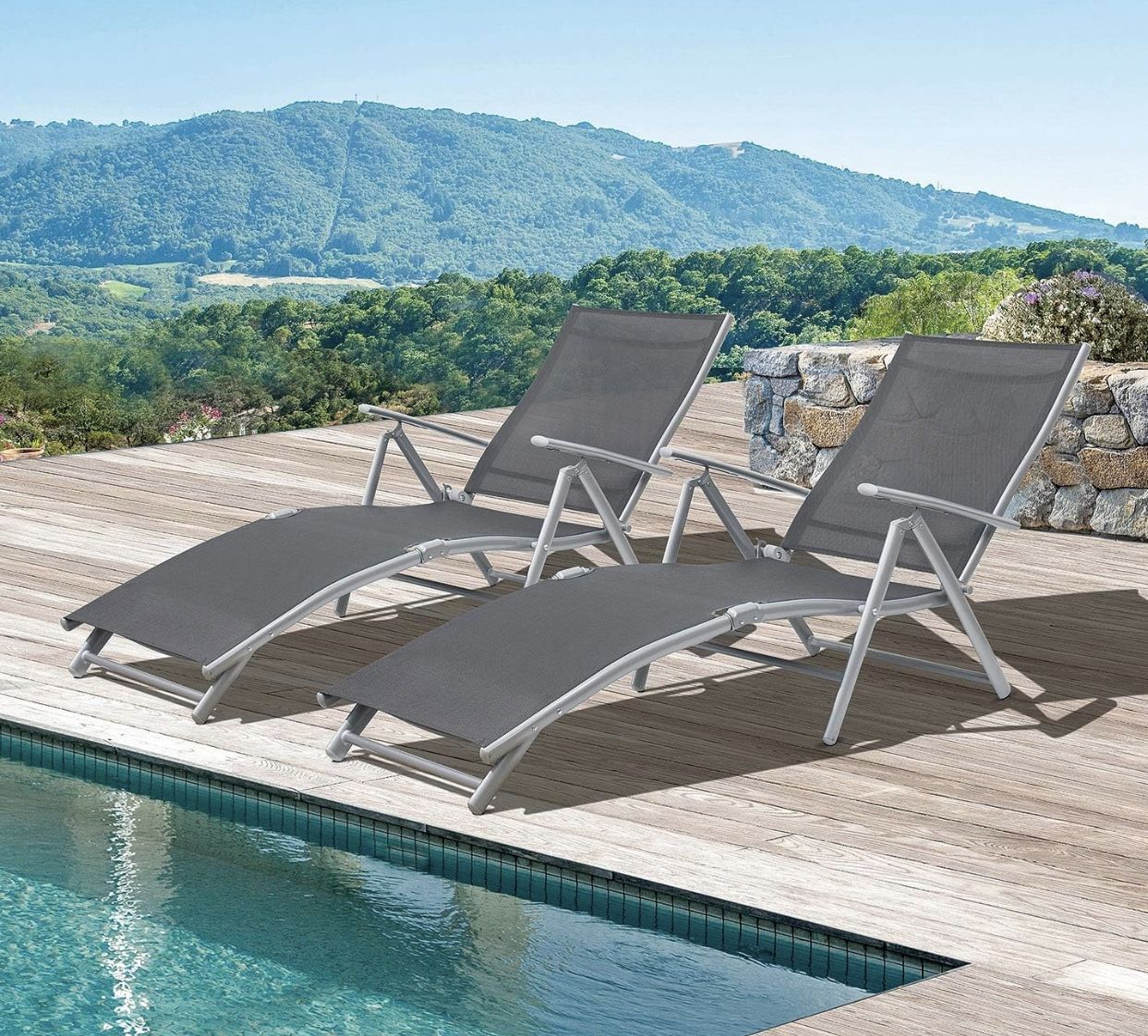 Outdoor Chaise Lounge Chairs Patio Furniture Adjustable Folding Recliner Chair Set of 2 Foldable Tanning Chair Sunbathing for Pool, Beach, Yard, Balco