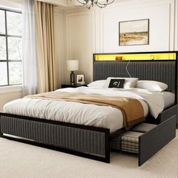 BRAND NEW 
Hausource Queen Bed Frame with Headboard & 2 Drawers Storage,Charging Station & LED, Metal Support, Upholstered Velvet,Dark Gray