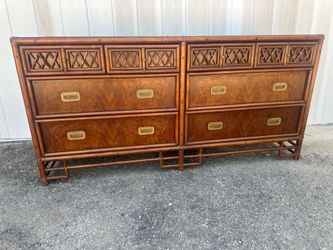 Stunning Vintaged Burl Wood and Rattan Dresser