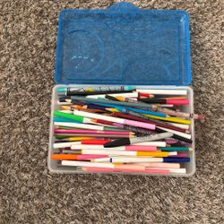 Box Of Colored Pencils, Markers And More. 