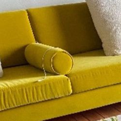 Mid Century Modern, Gold Velvet Sofa With Pillow Bolsters