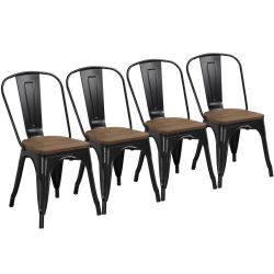 Metal Dining Chairs w/Wooden Seat, Classic Chic Bar Chairs, Trattoria Bistro Cafe Shop Stackable Side Chairs, Set of 4 Stools