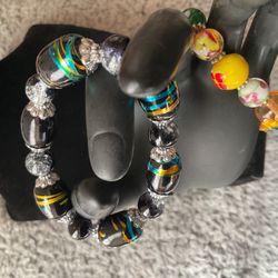 Marble And Glass Stretch Bracelets W/silver Accent