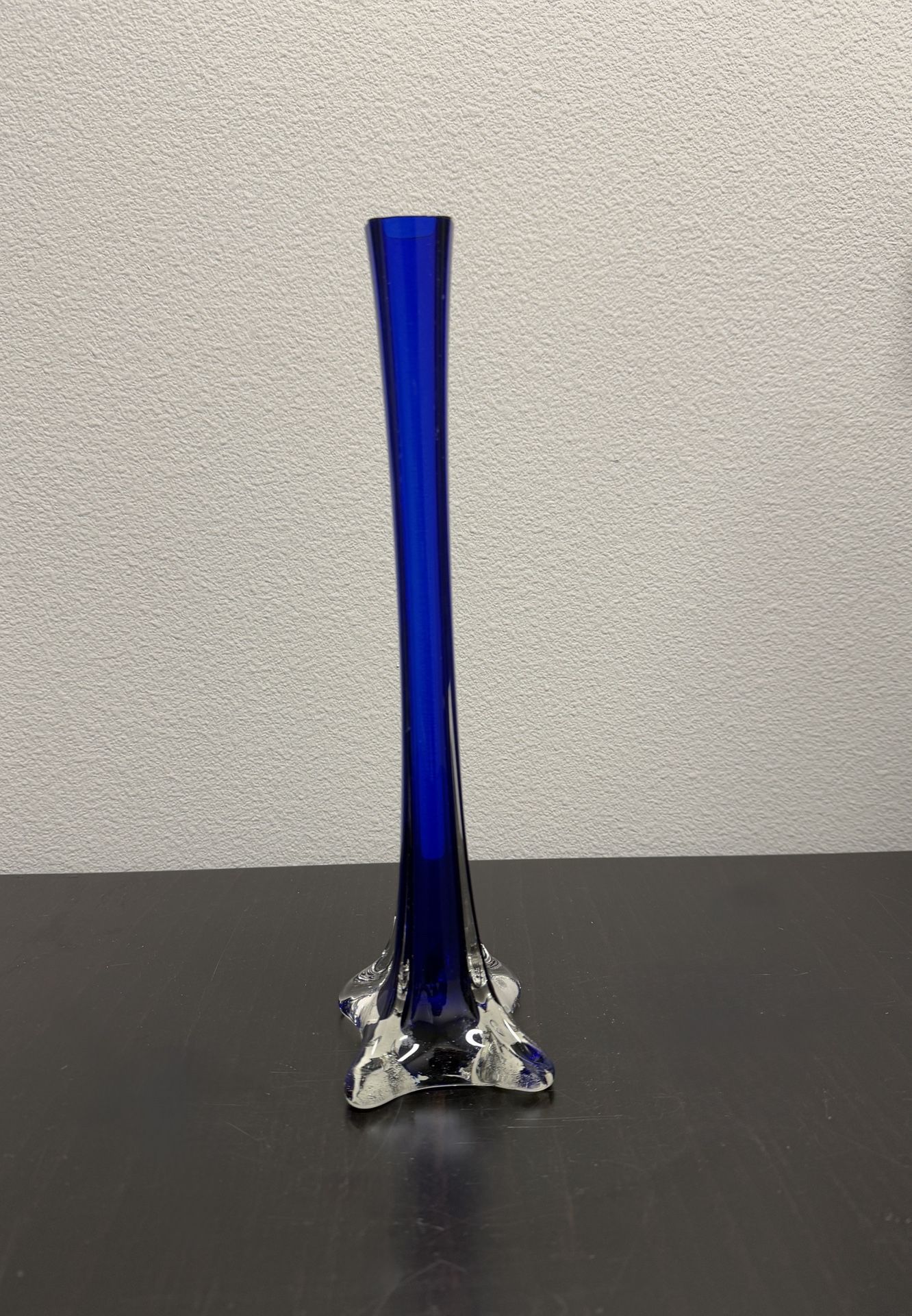 Cobalt Blue & Clear Art Glass Bud Vase Square 11.75" Tall | Single Flower Vase | Retro
