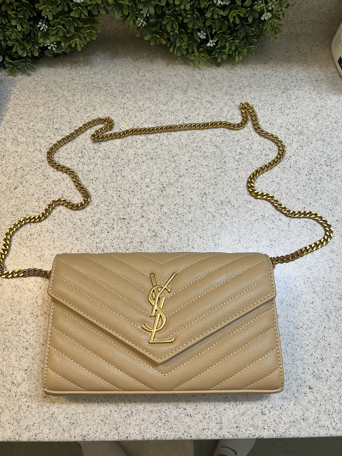 Saint Laurent Monogram Leather Wallet on Chain, Brown