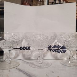 CHAMPAGNE COUPES - 1960s Stuart Cut Crystal Kent Pattern Champagne Glasses or Tall Sherbets (set of 3)
One of the glasses has a chip at the top, inspe