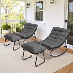 2-Piece Outdoor Patio Rocking Chair Lounge with Ottoman Set - Grey