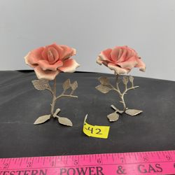 2 VNTG Porcelain Pink Rose On Metal Stems (V42)