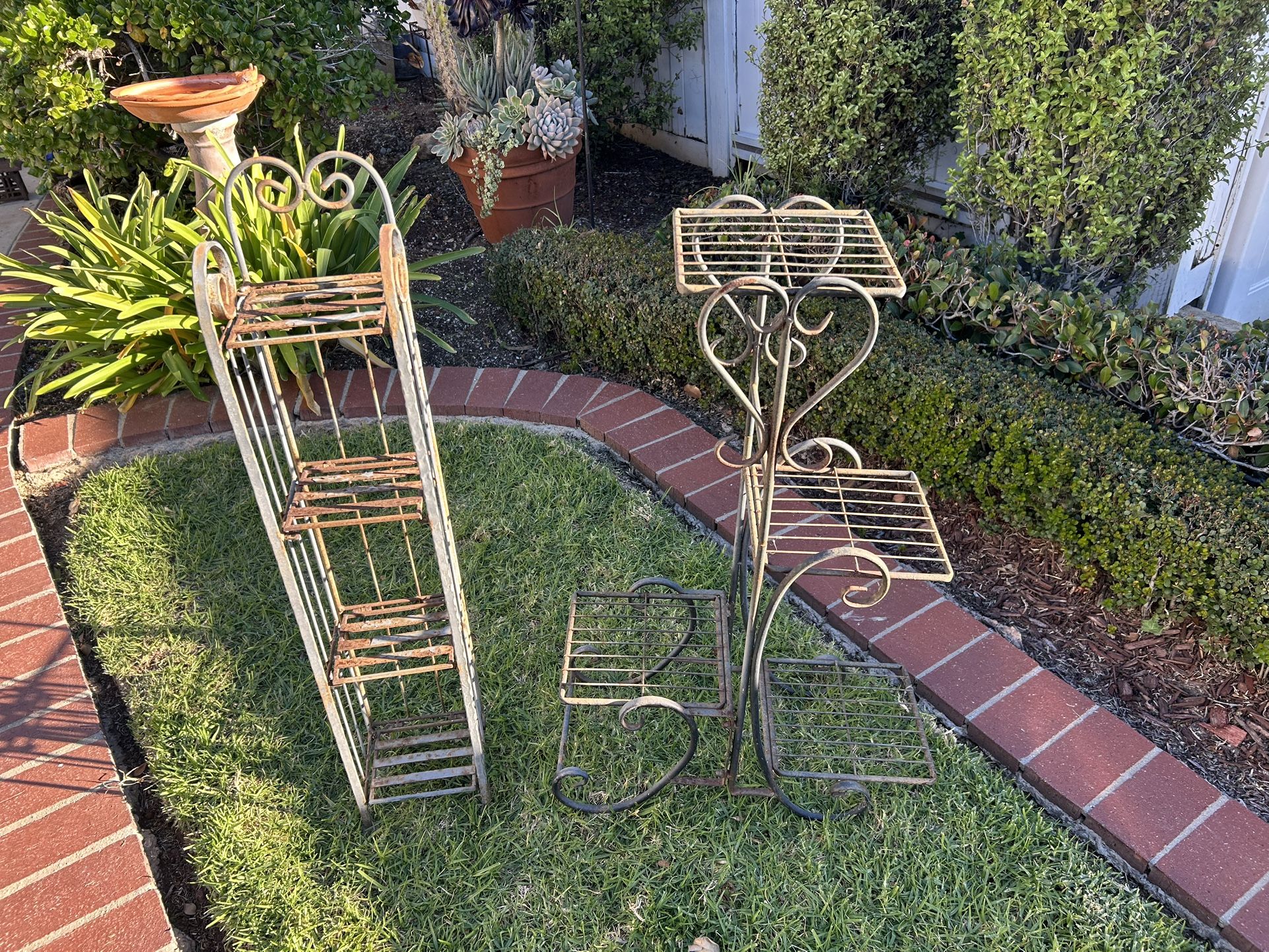 Lot 2 Rusty Metal Plant Stand Indoor Outdoor 4 Tier Flower Pot Holder Shelf - Wrought Iron Planter Display Rack Vertical Shelves Organizer Garden