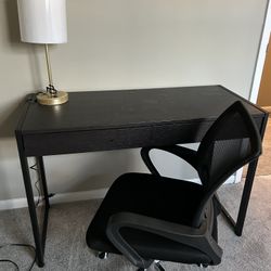 Modern Black Desk With 2 Drawers, Chair And Lamp