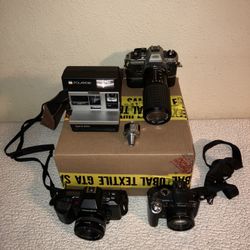 Vintage Camera Lot- Canon S5, Yashica 200, Polaroid 600, Nikon FG+80-205mm lens